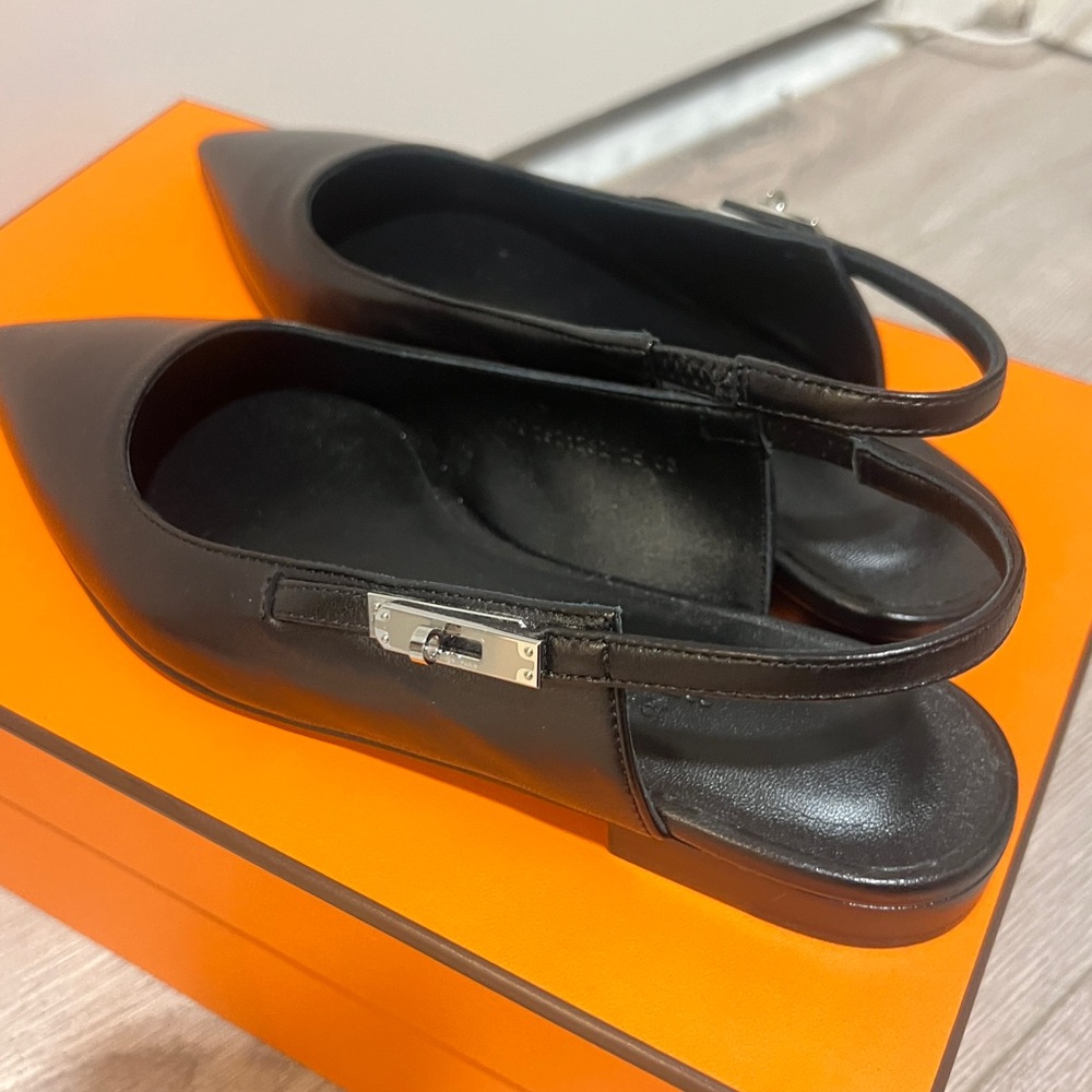 Hermes Black Lovlie Slingbsck Leather Slingback Flats - Picture 6 of 10
